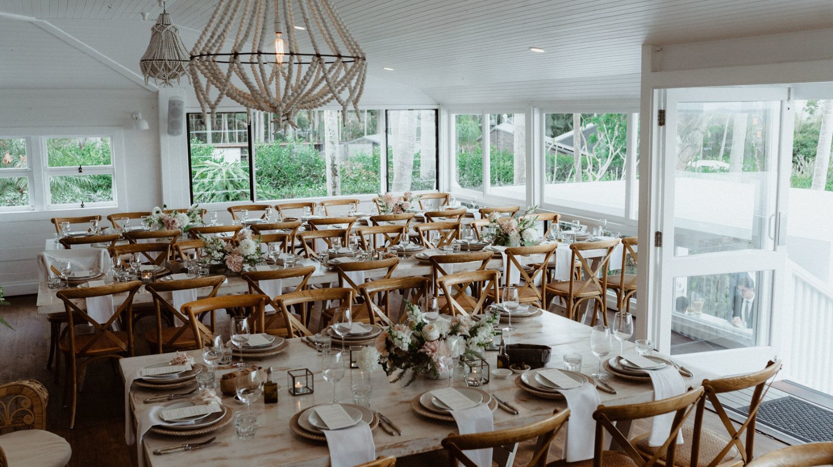 A Dining Room With Tables Set